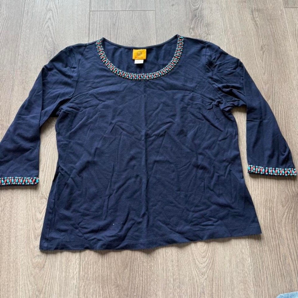 Ruby Rd Beaded Top Women's Large Black 3/4 Sleeve Stretch Casual Blouse
